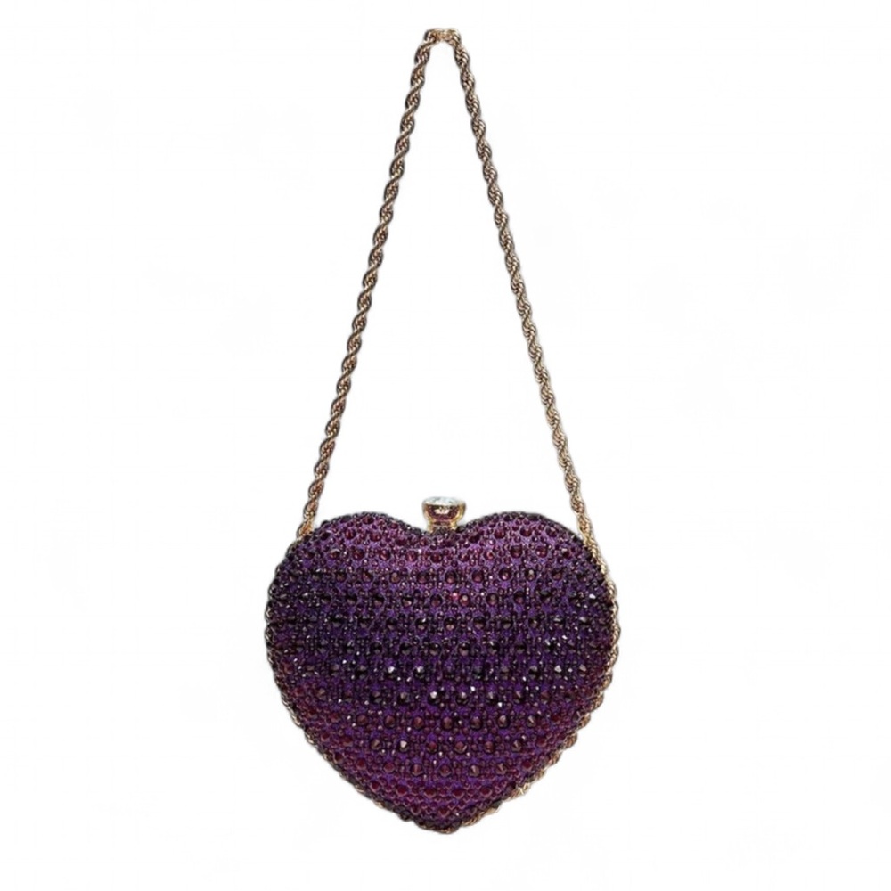 Purple Heart Shaped Rhinestone Inlaid, Metal Chain Strap Handbag / Clutch - Picture 2 of 15
